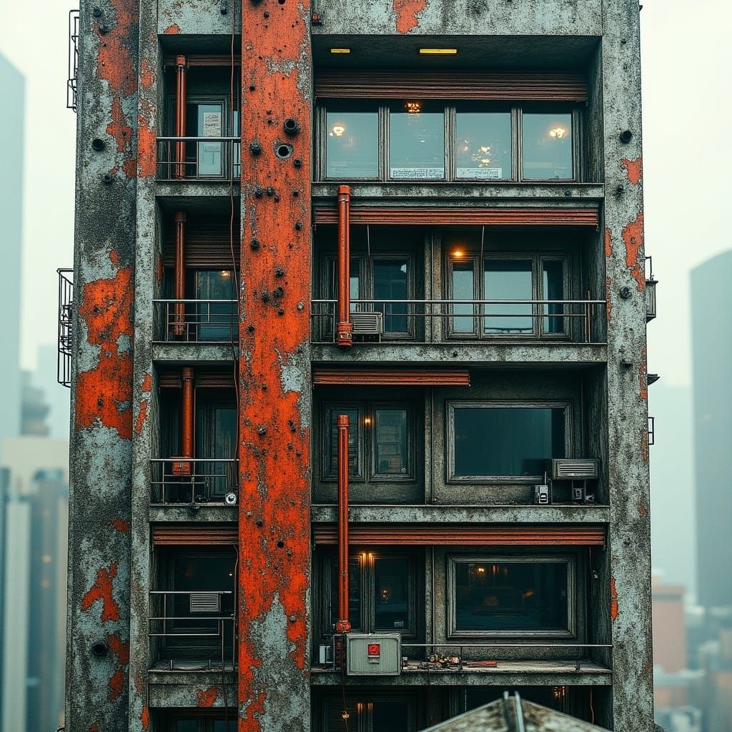 Cyberpunk Facade with Exposed Mechanics in Detailed Matte Pa...