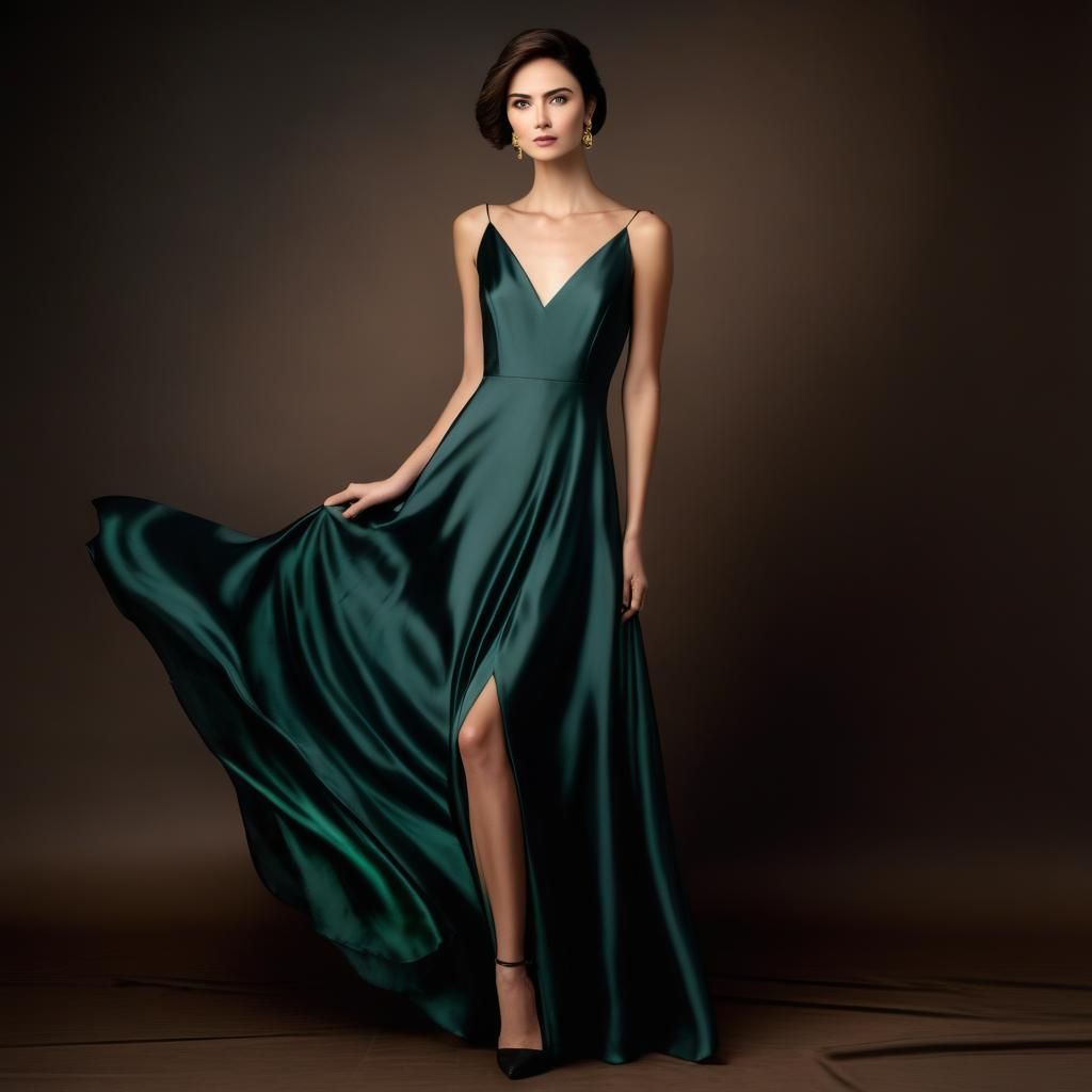 Woman in Dark Grey Silk Dress Portrait