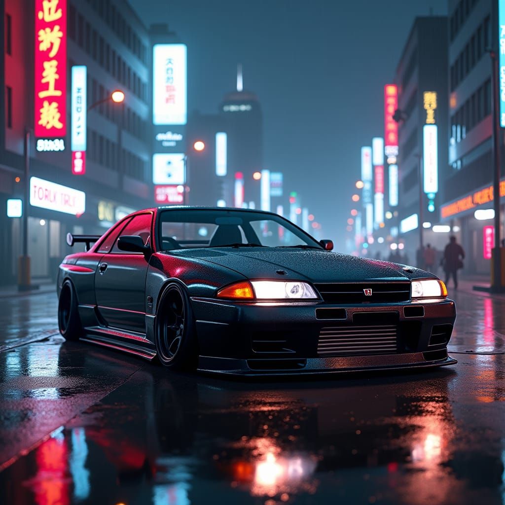 Dystopian Nissan Skyline GT-R in Futuristic Cityscape