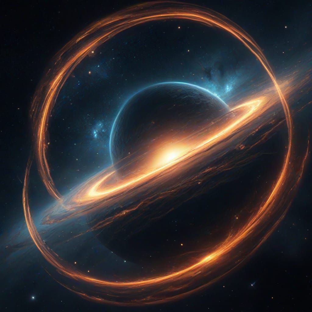 Ringed Planet in Deep Space with Golden Light Rings