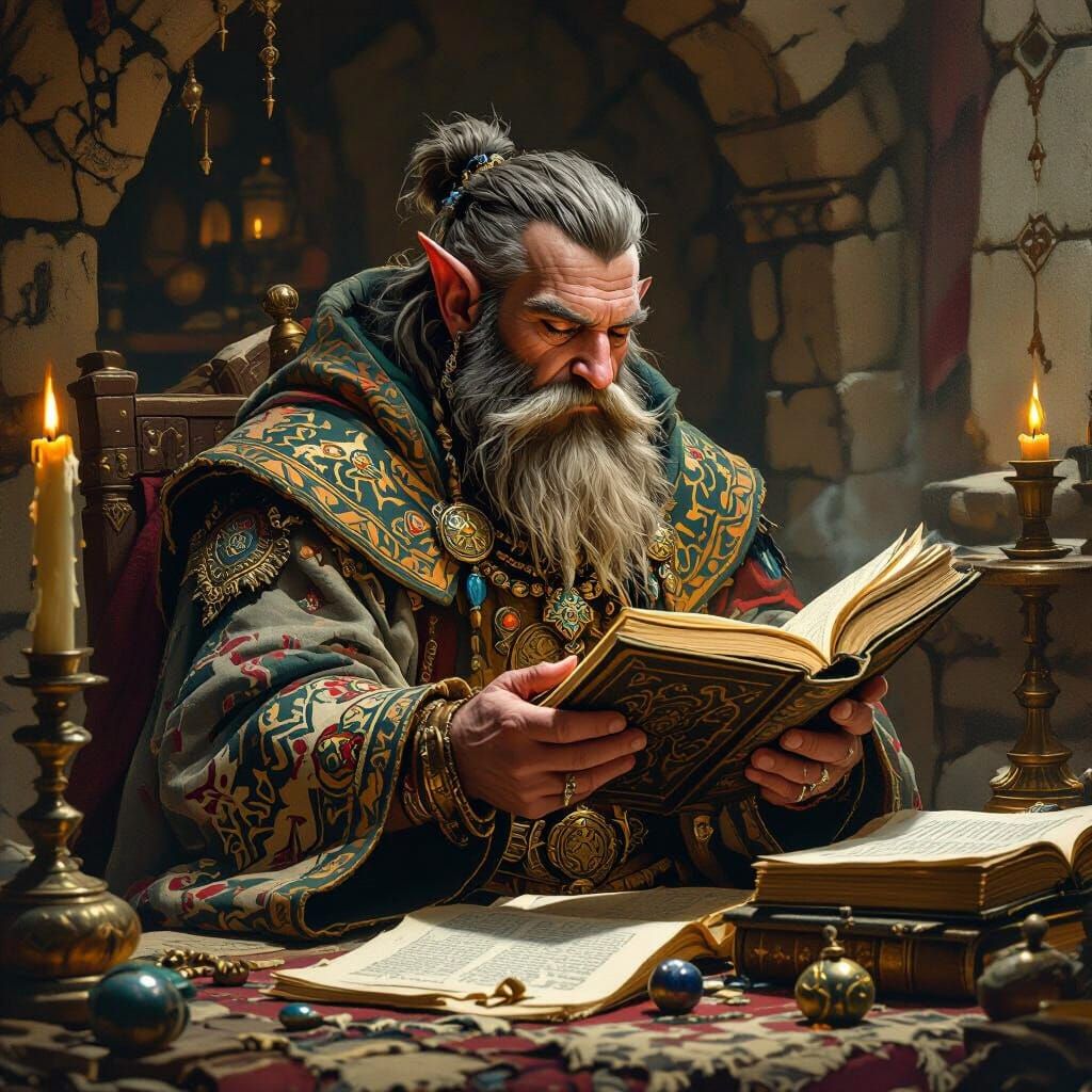 Hill Dwarf Cleric Studying Ancient Tomes
