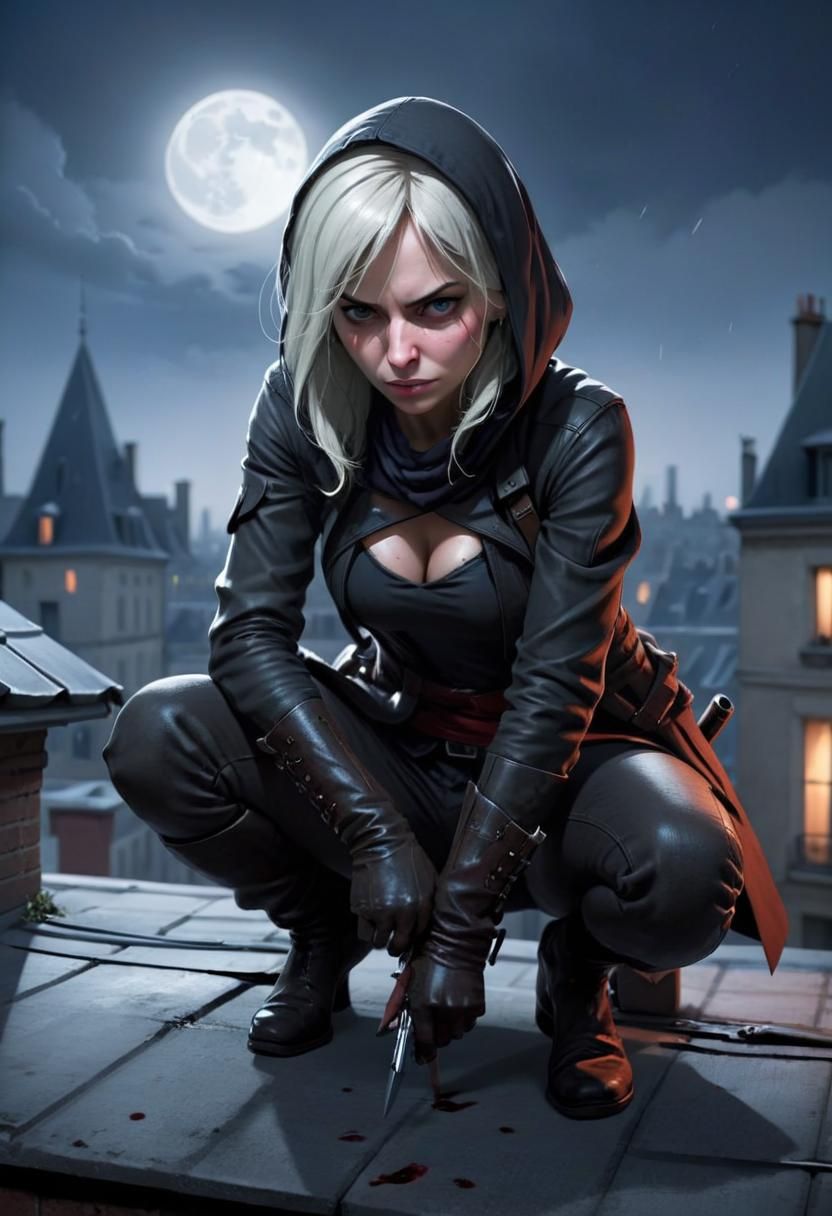 Soirée de claire une femme assassin accroupie  sur la toitur...