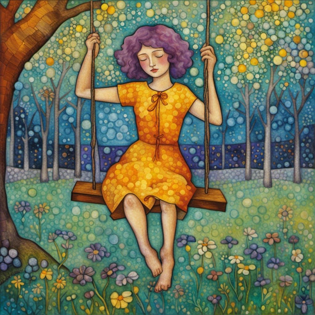 Girl on Swing in Dandelion Garden, Post-Impressionism
