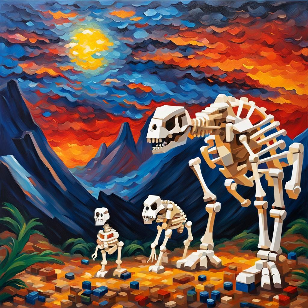 Lego Dinosaurs and Meteor in Expressionist Style