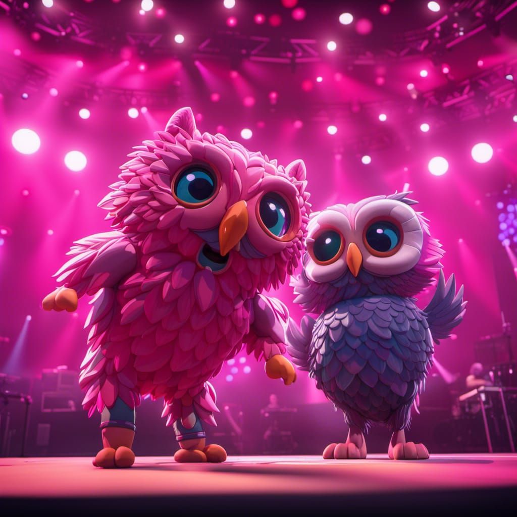 Pink Wolf and Owl Concert in 3D Style