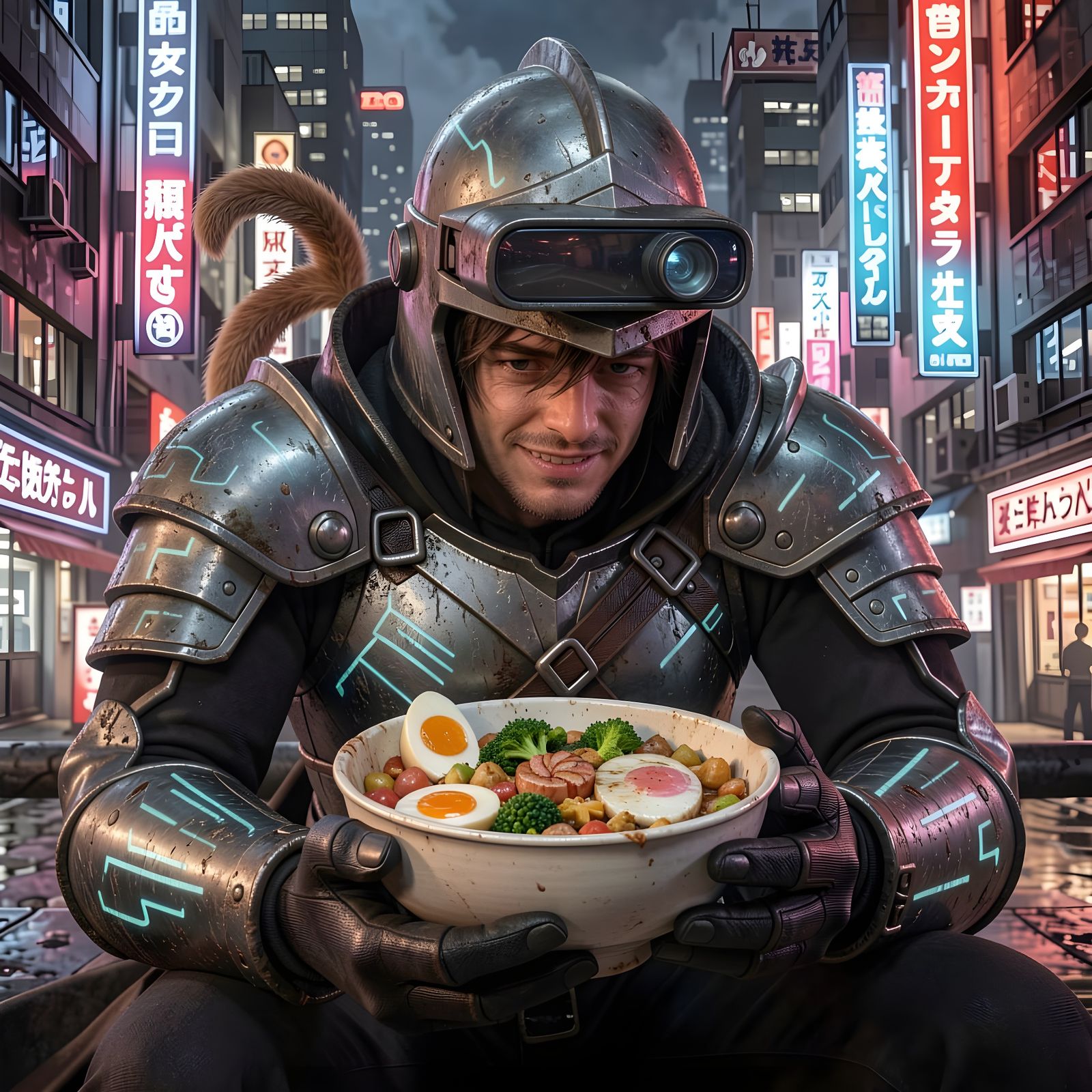 City Knight Pondering Ramen Below Neon Skyline in 3D Anime S...