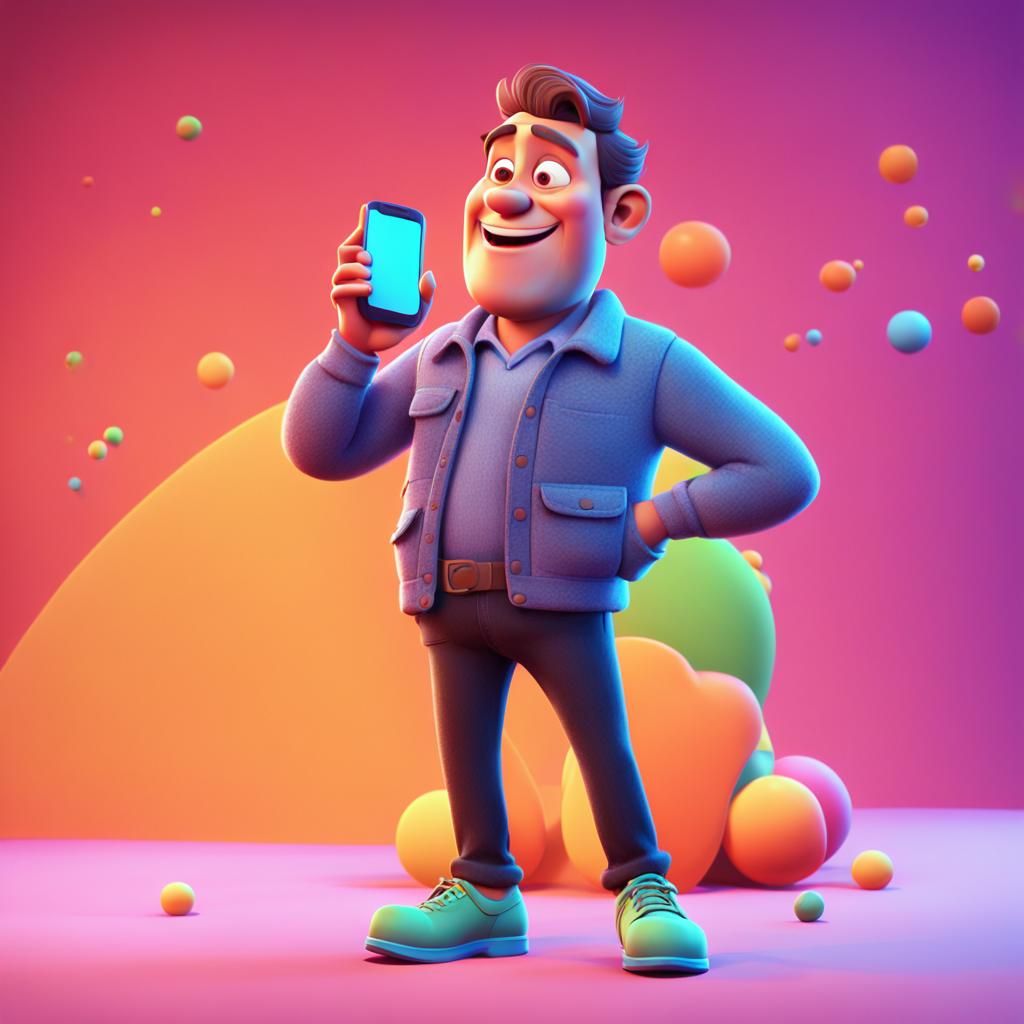 Happy Cartoon Person Talking on Cellphone: 3D Digital Art