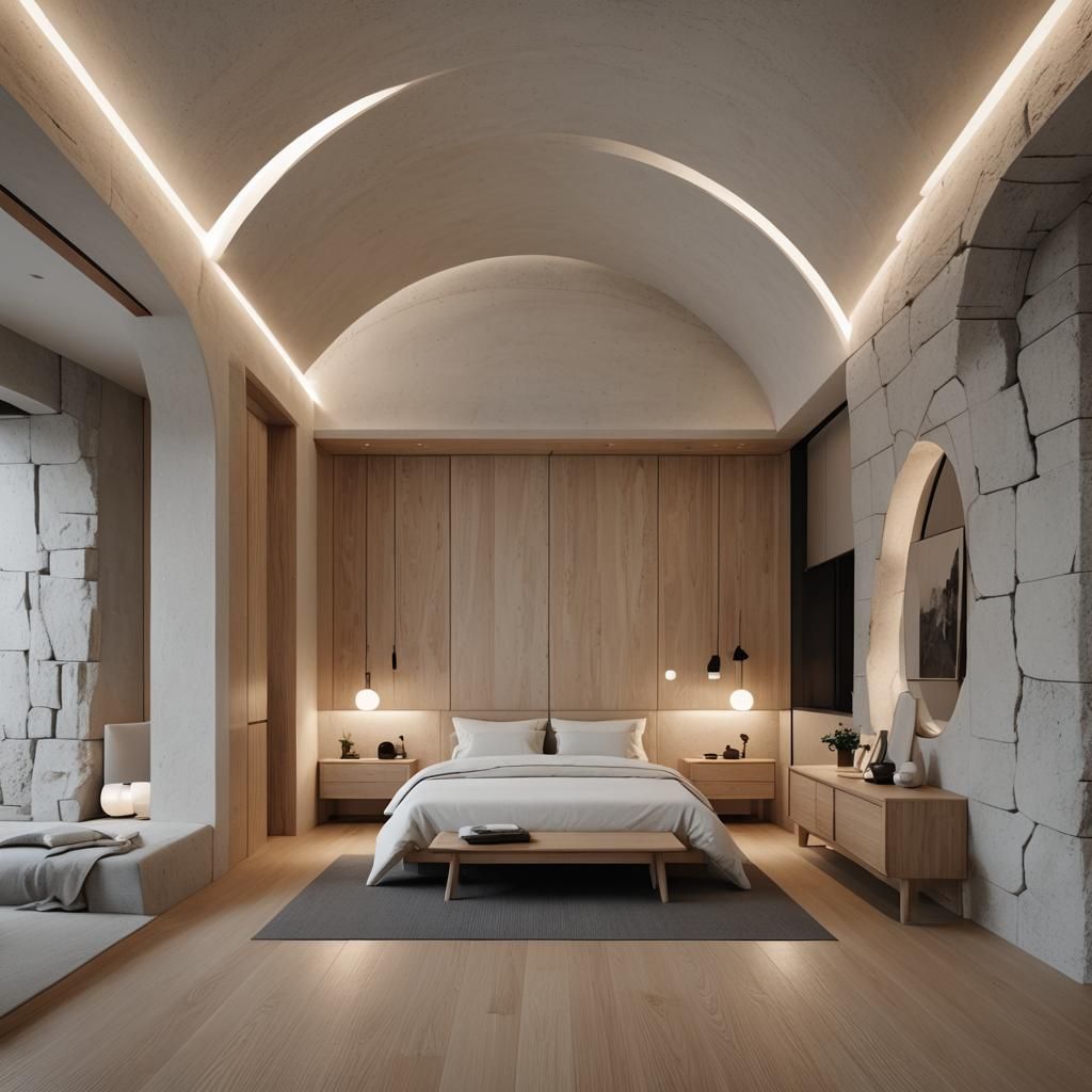 Modern Japanese Minimalist Apartment Bedroom: Cream Stone an...