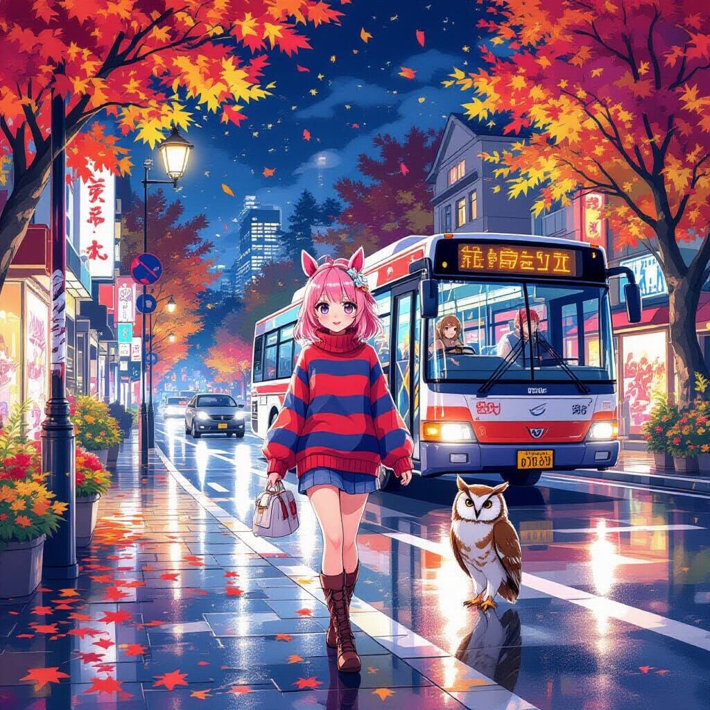 Anime Girl with Horse Ears on a Vibrant Night Street