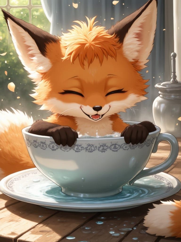 Anthropomorphic Fox Cub Plays in Teacup Bath