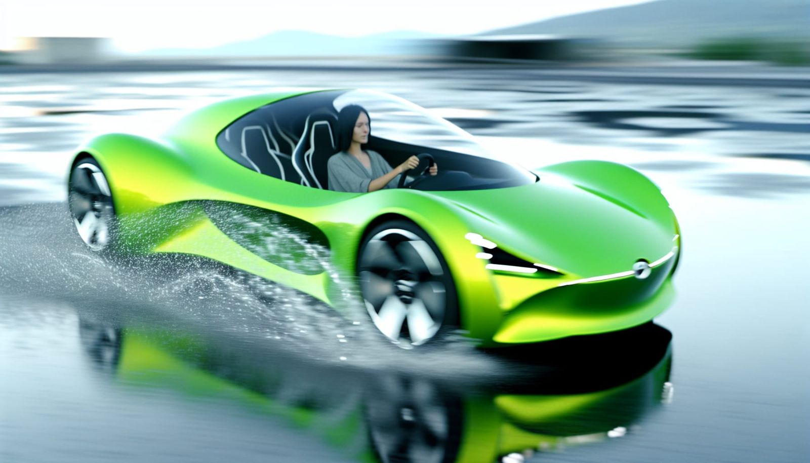 Futuristic Bright Green Sports Car Speeds Through Water in C...