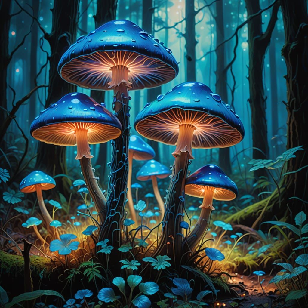 Ethereal Bioluminescent Mushroom in a Dreamlike Forest