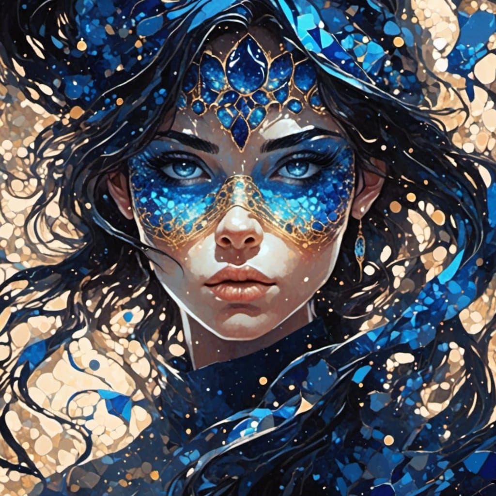 Blue Smoke Portrait in Mosaic Stained Glass Style