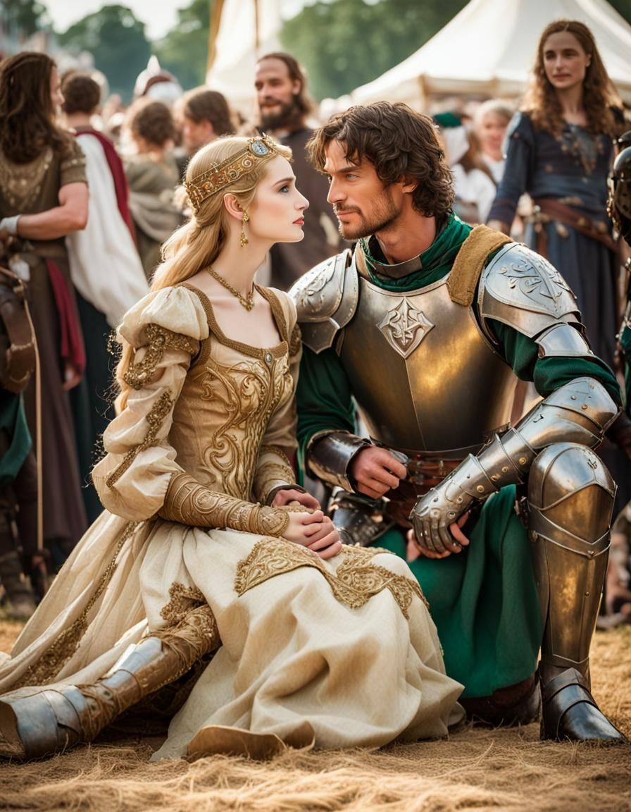 Knight and Lady at a Medieval Fair, Oil Painting