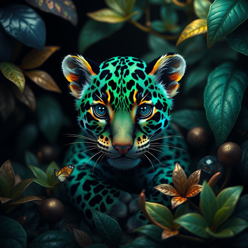 Emerald and Sapphire Jaguar Cub in Fantasy Landscape
