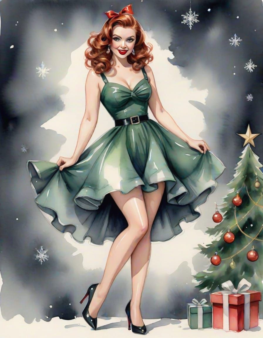 Christmas Pin-Up Girl in Watercolor Style
