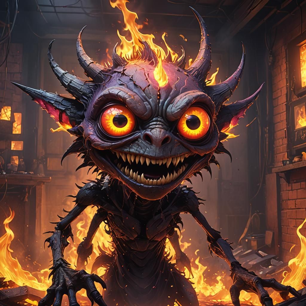 Demonic Creature with Fire Eyes and Neon Aura