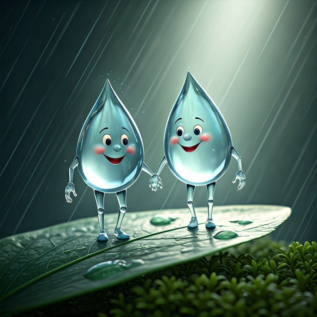 Humanoid Raindrops Walk on Leaf: 3D Digital Art