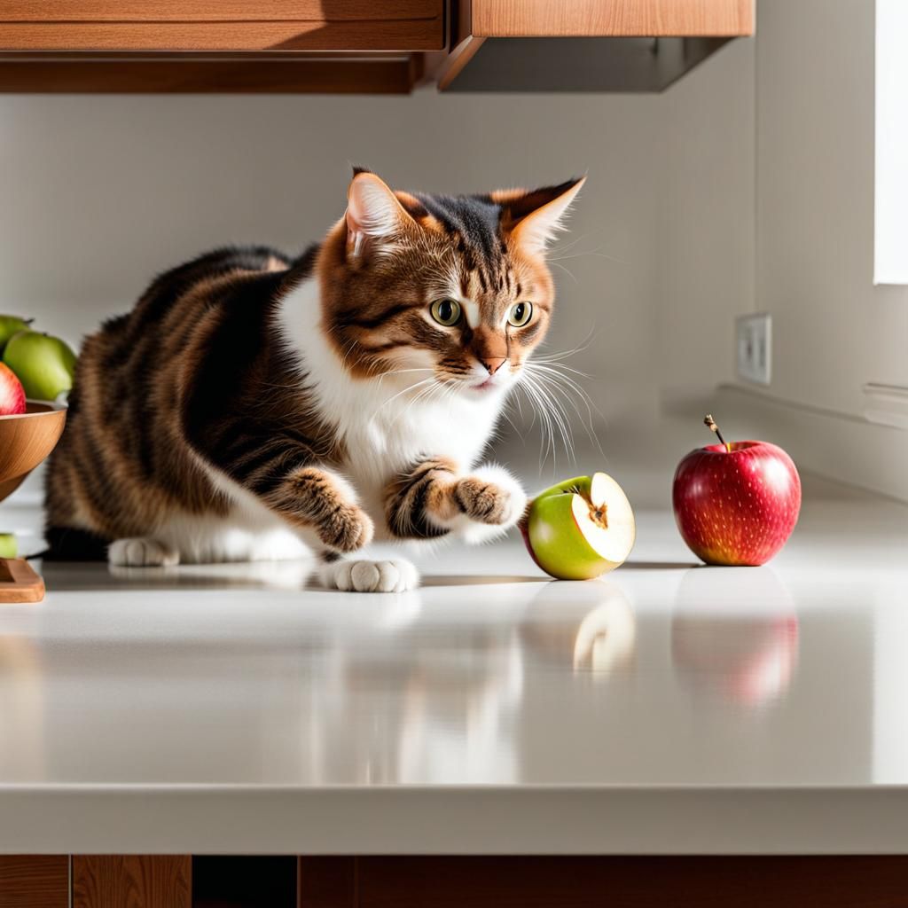 Mischievous Cat Pushes Apple off Counter