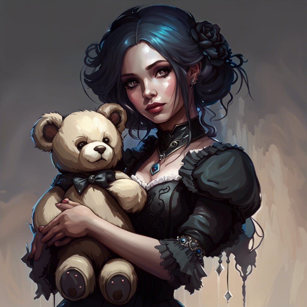 Gothic Princess Portrait with Teddy Bear