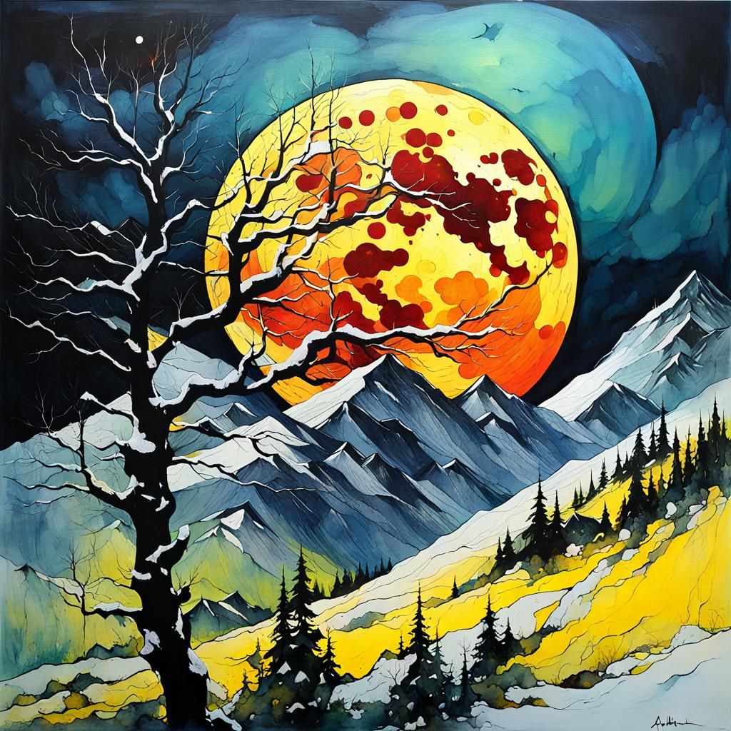 Snowy Mountain Night in Dramatic Color Print Art