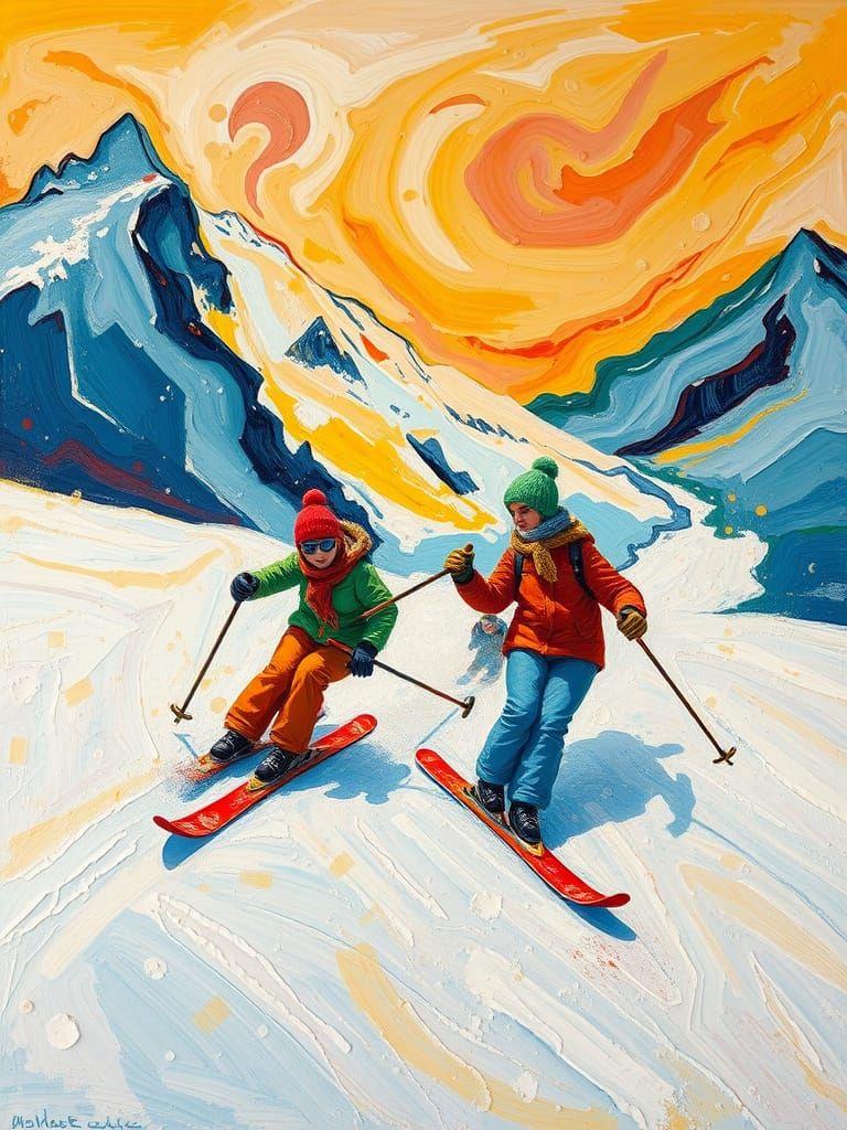 Skiers in Abstract Expressionist Oil Painting Style