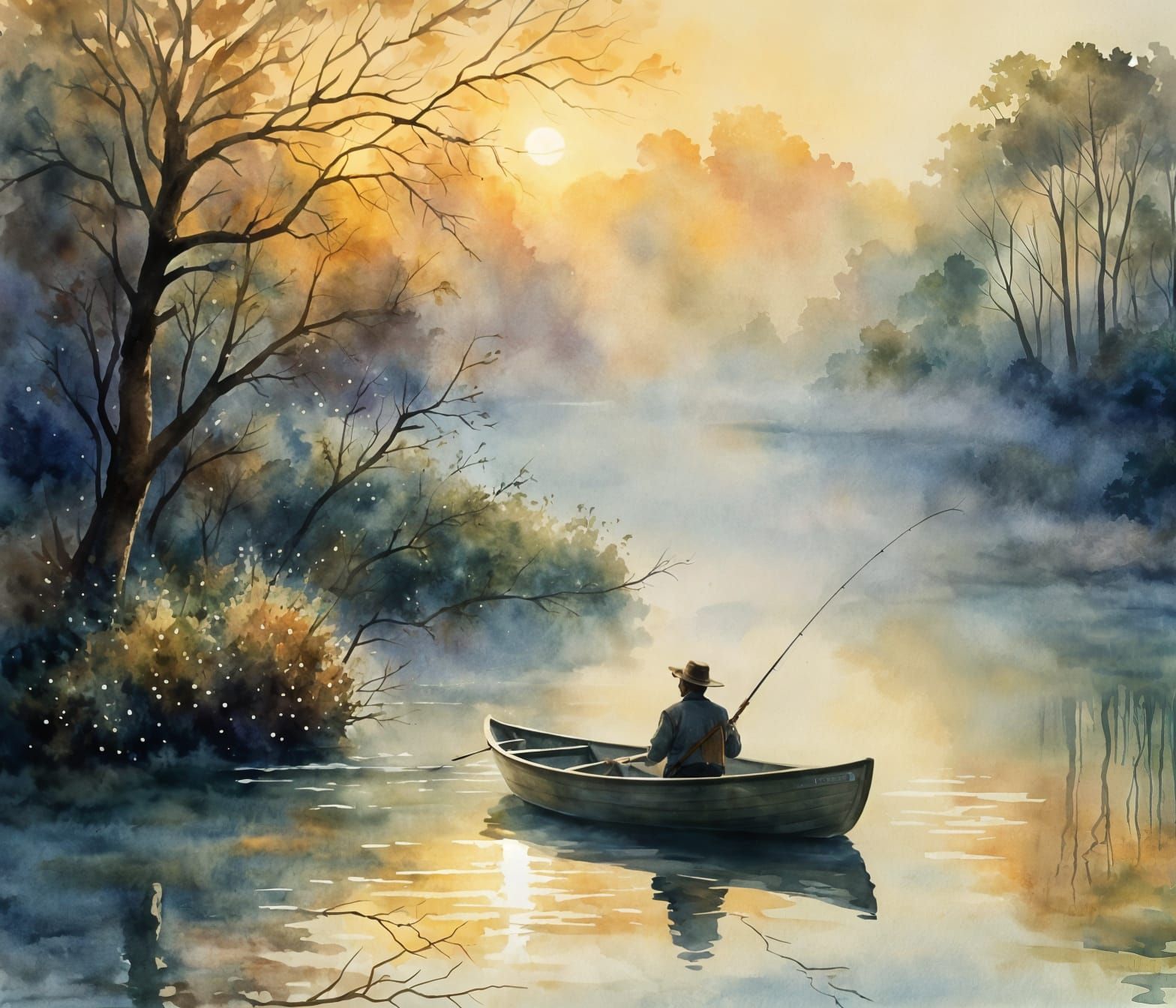 Eerie Foggy Landscape: Man Fishing in Boat