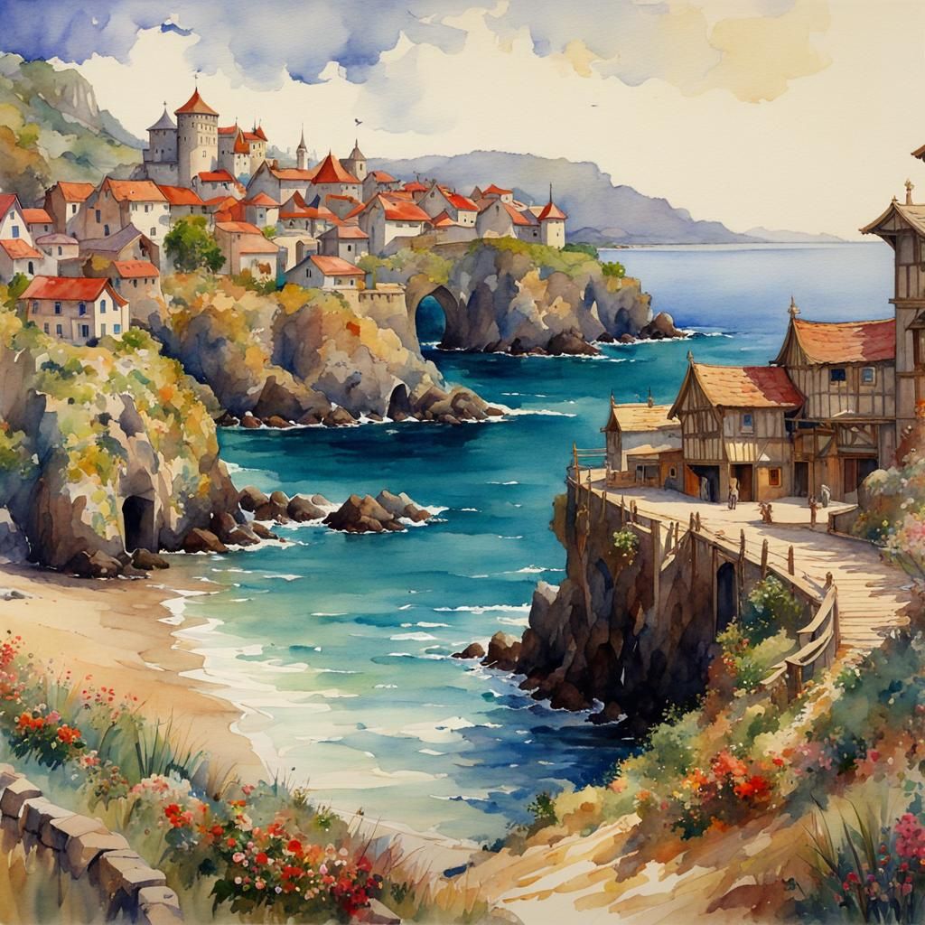 Medieval Seashore Landscape in Watercolor Style