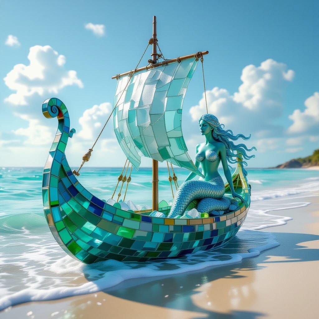 Viking Ship & Mermaid Sculpture of Sea Glass