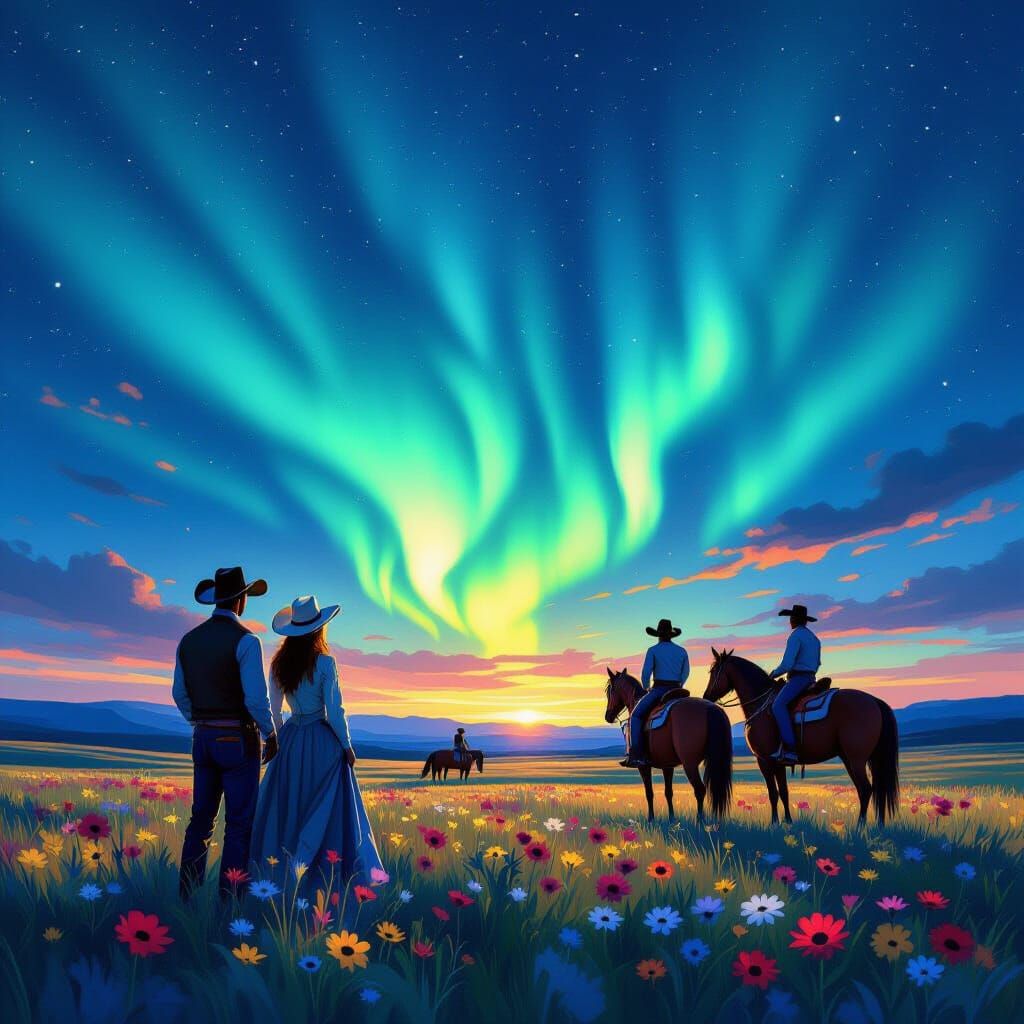Cowboy Couple Watches Rodeo Under Northern Lights