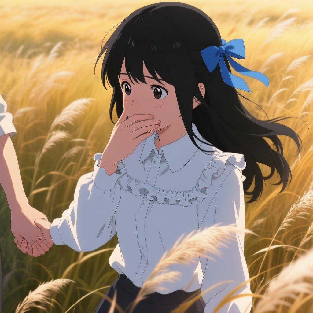 Shy Anime Girl in Golden Field, Expressive Eyes