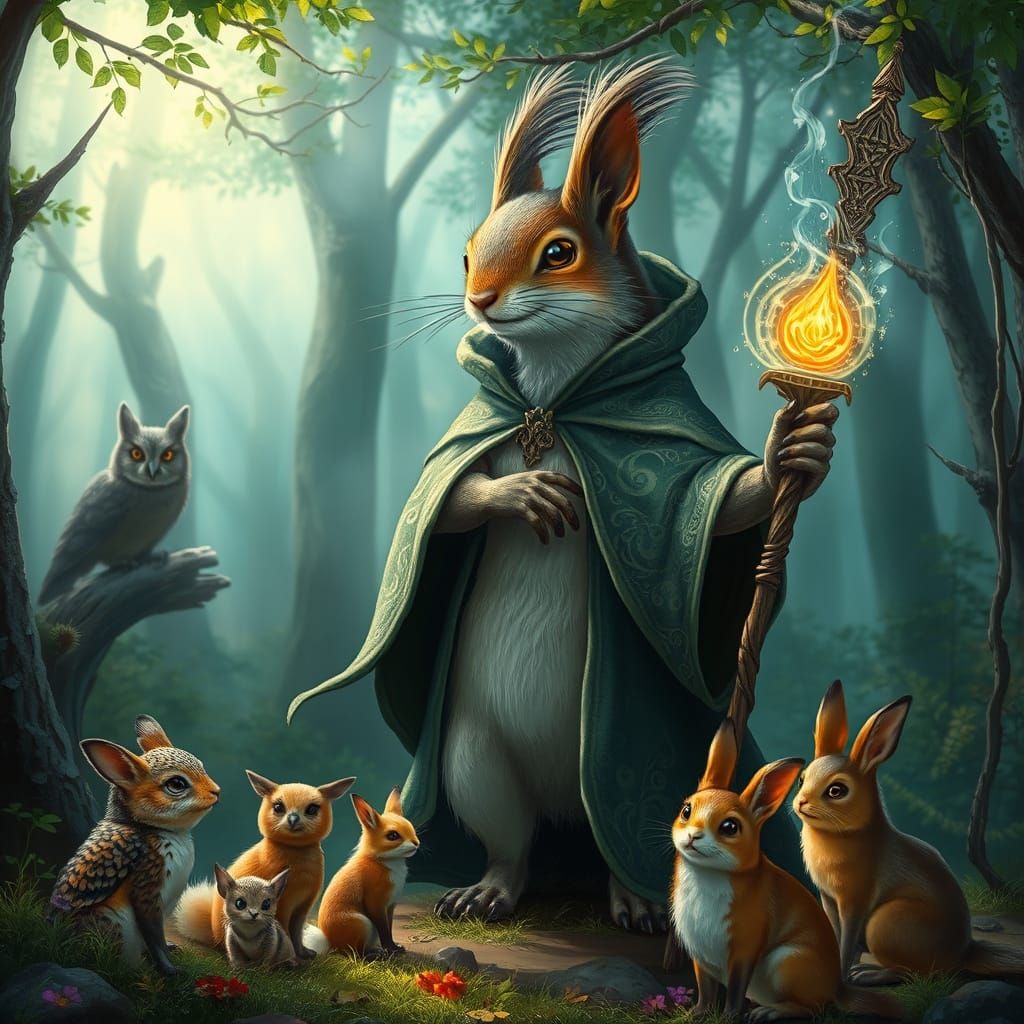 Squirrel Gandalf Weaves Illusion Spells in Elven Forest
