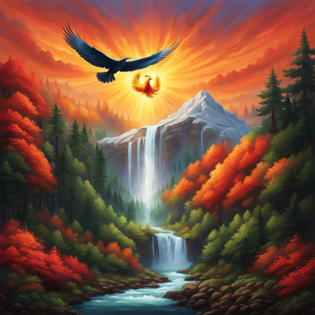 Phoenix Rising Above Forest Waterfall