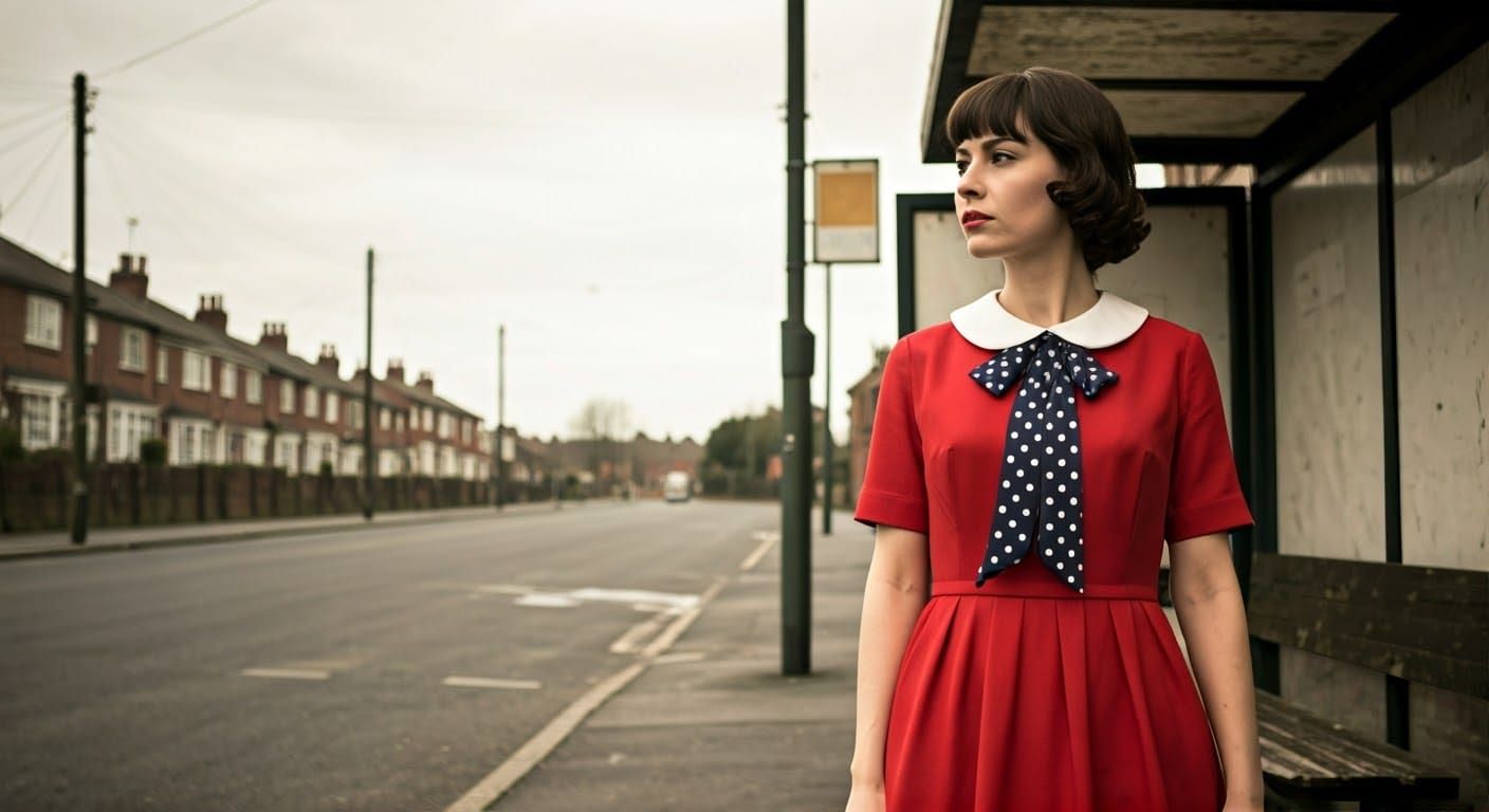 Woman at 1960s Bus Stop in New Wave Style