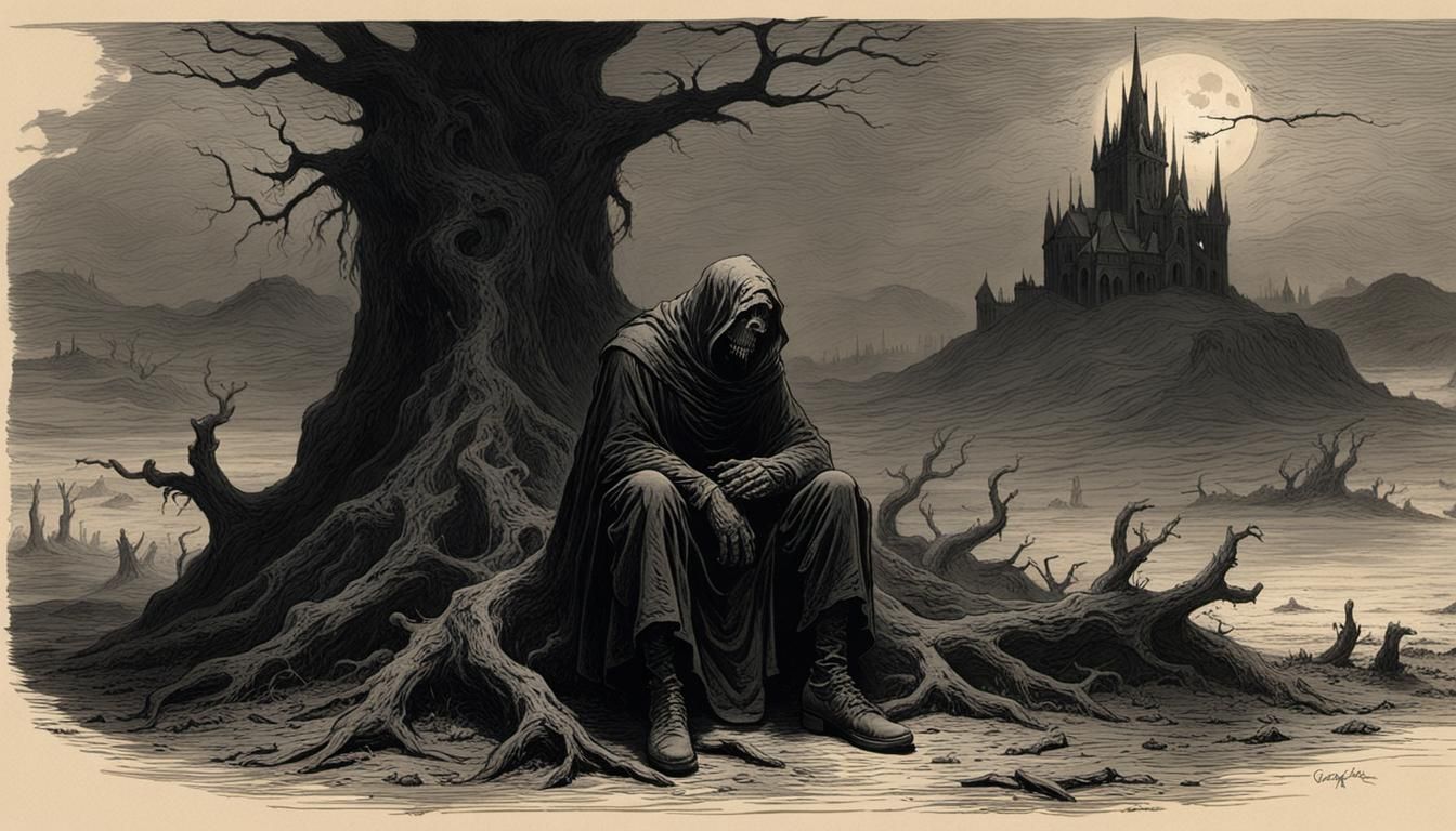 Vulnerable Figure in Dark, Engraving-Style Illustration