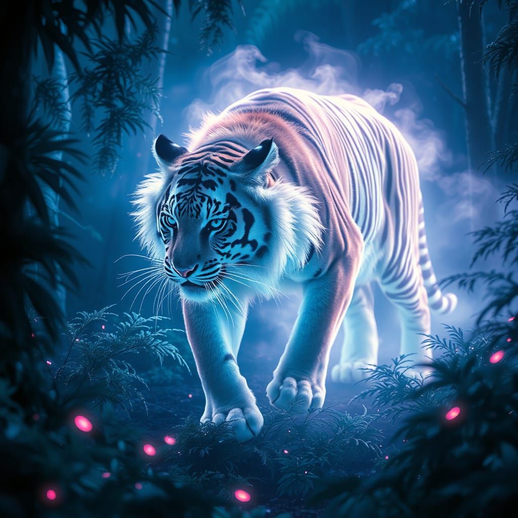 Majestic Smoke Tiger in Neon Retro Forest