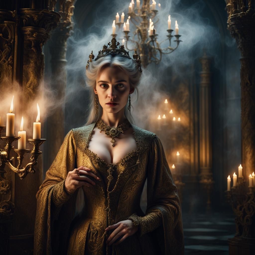 Mysterious Sorceress in Baroque Fantasy Chamber