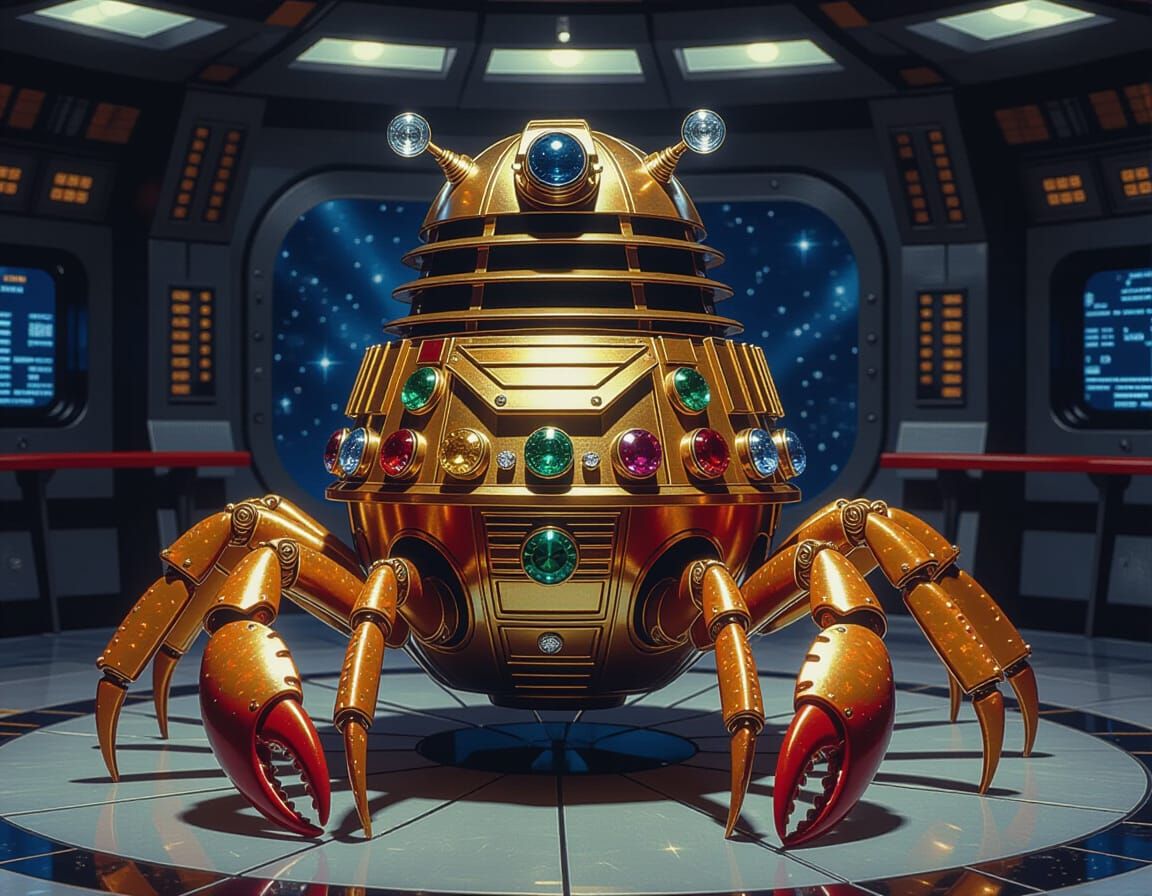 Golden Jeweled Dalek on Star Trek Bridge as Oil Painting