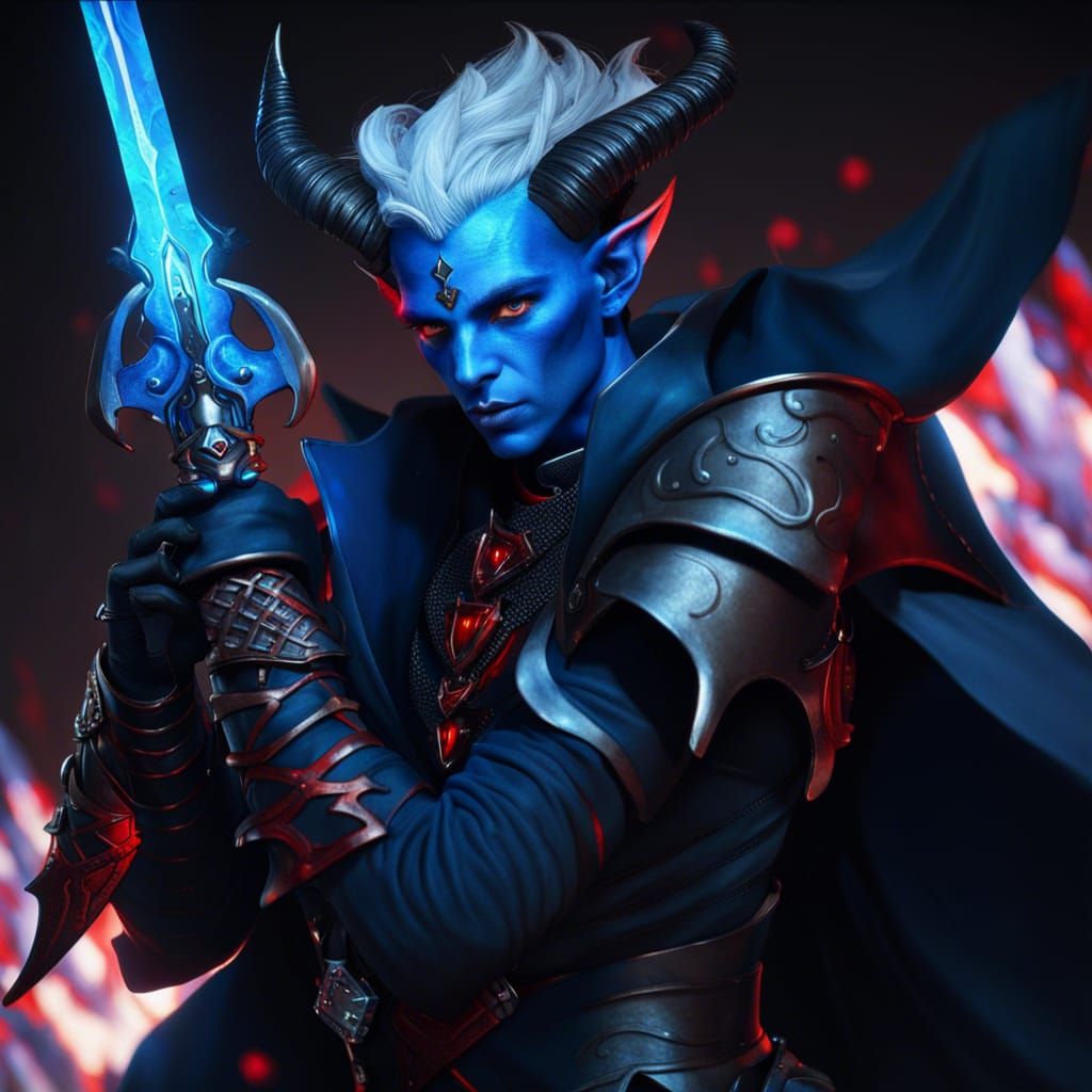 Blue Tiefling Warrior Approaching Portal in Fantasy Art