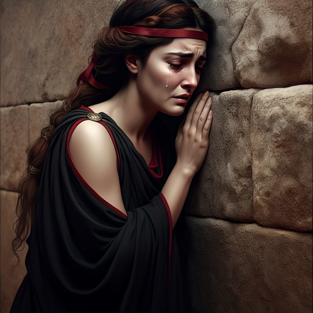 Crying Woman in Peplos Against Ancient Wall