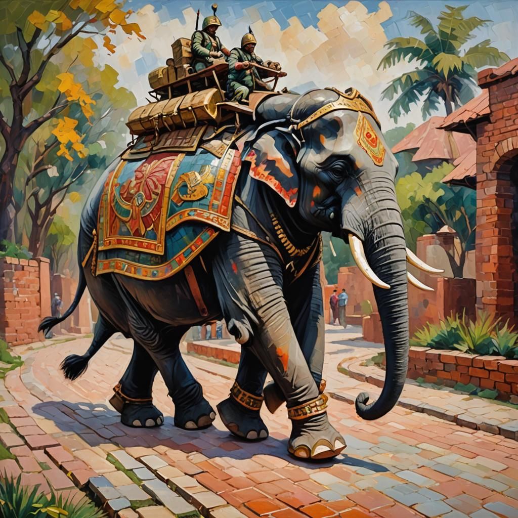 Indian War Elephant in Neo-Impressionist Oil Painting