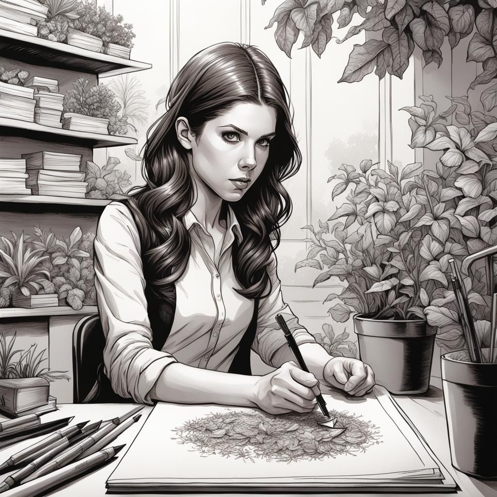 Anna Kendrick Botanical Ink Drawing in Comic Art Style