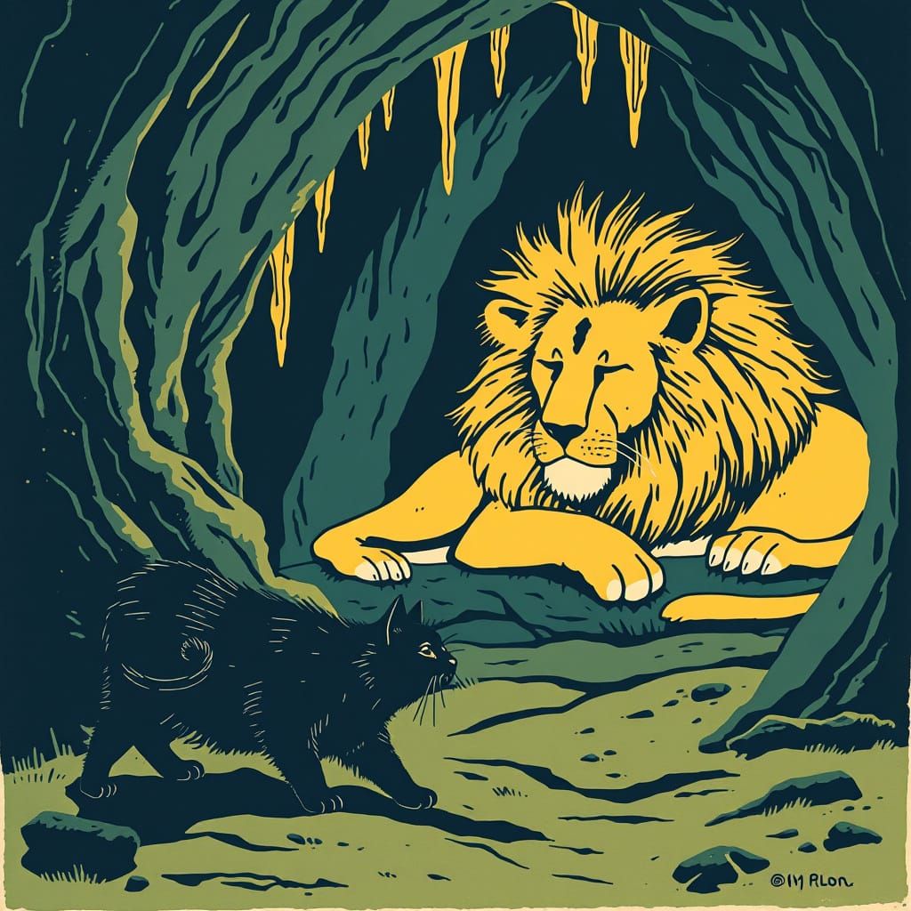 Curious Black Cat Prowls Lion's Den in Stylized Linocut Prin...