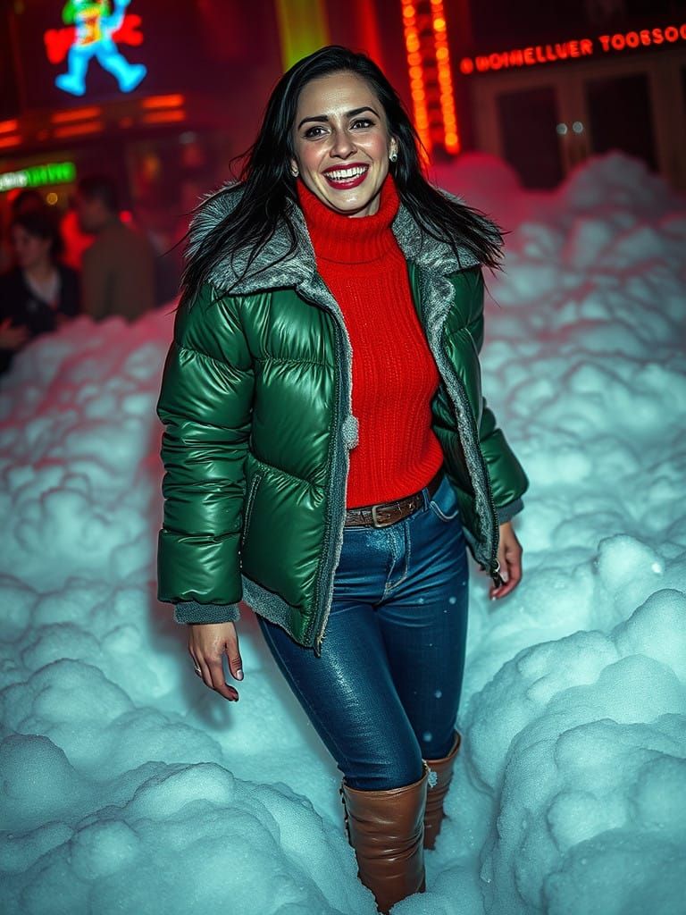 Vibrant Night Club Scene: Woman Glistening in Foam