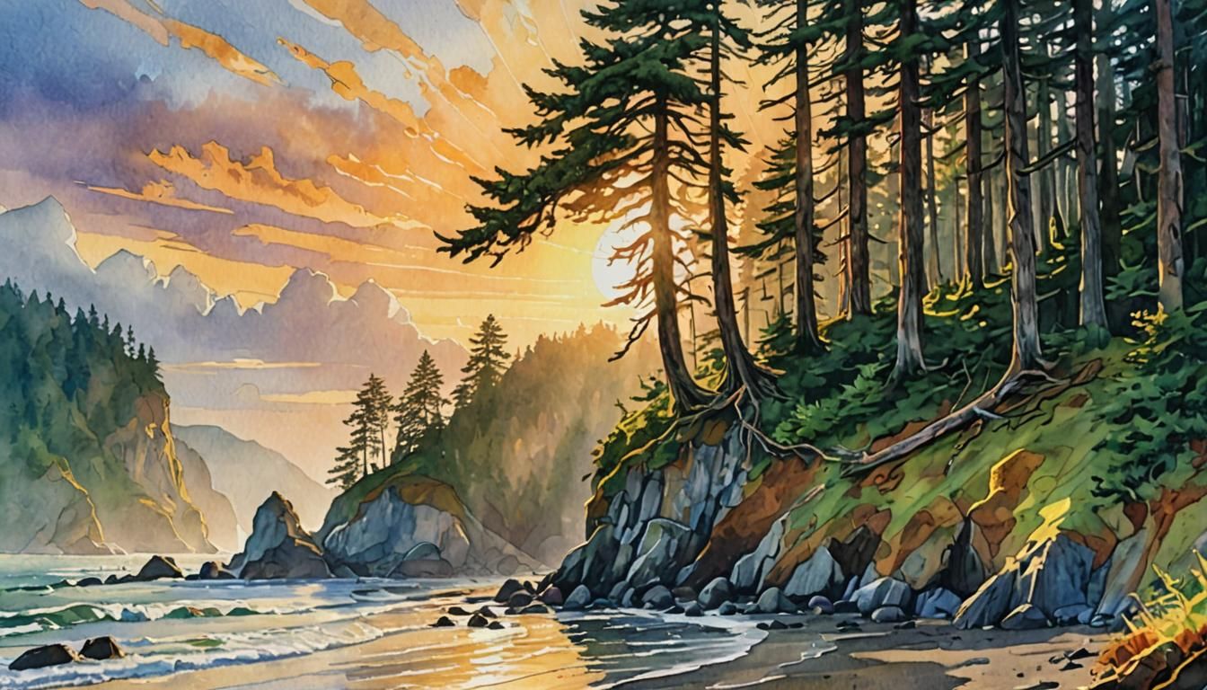 Olympic Peninsula Sunset: Impressionist Watercolor Seascape
