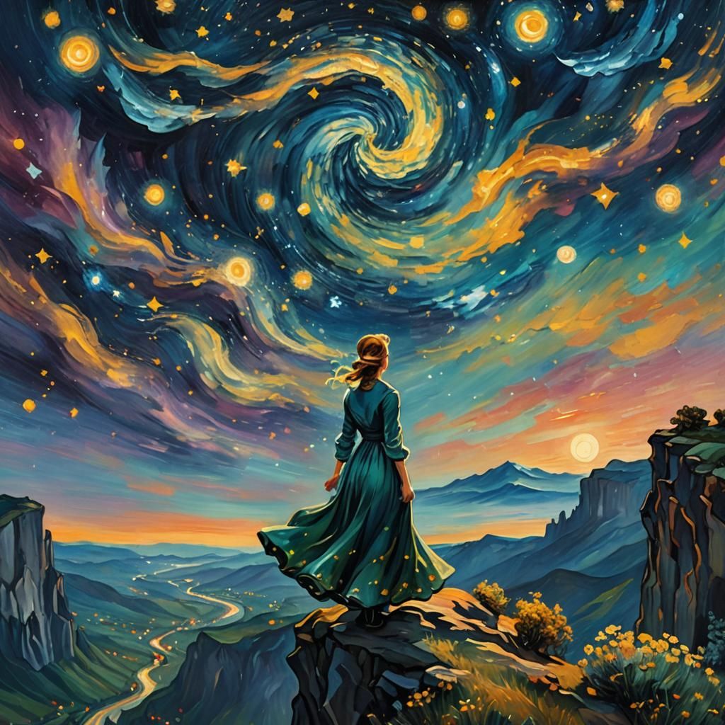 Celestial Dreamscape: Woman Gazing at Starry Night Sky as Im...