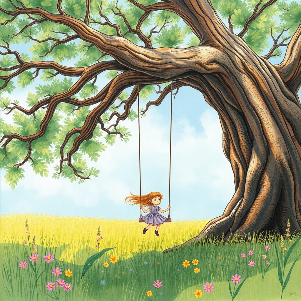 Little Girl Swings in Whimsical Meadow Scene