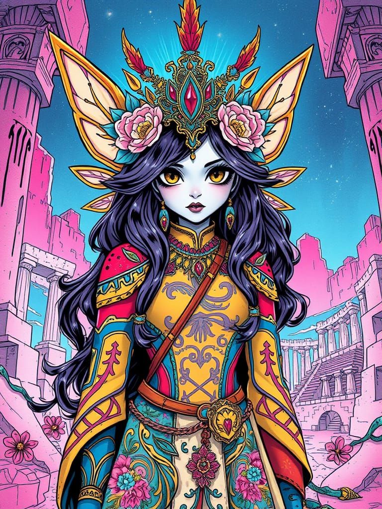 Mysterious Fantasy Fairy in Vibrant Ruins of Ancient Civiliz...