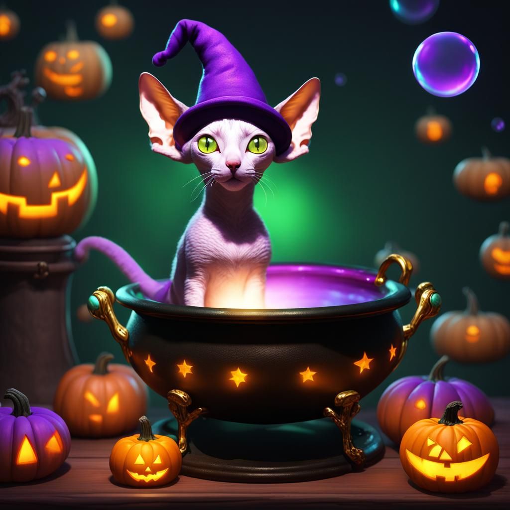 Cornish Rex Cat Brews Potion: Dark Fantasy Art