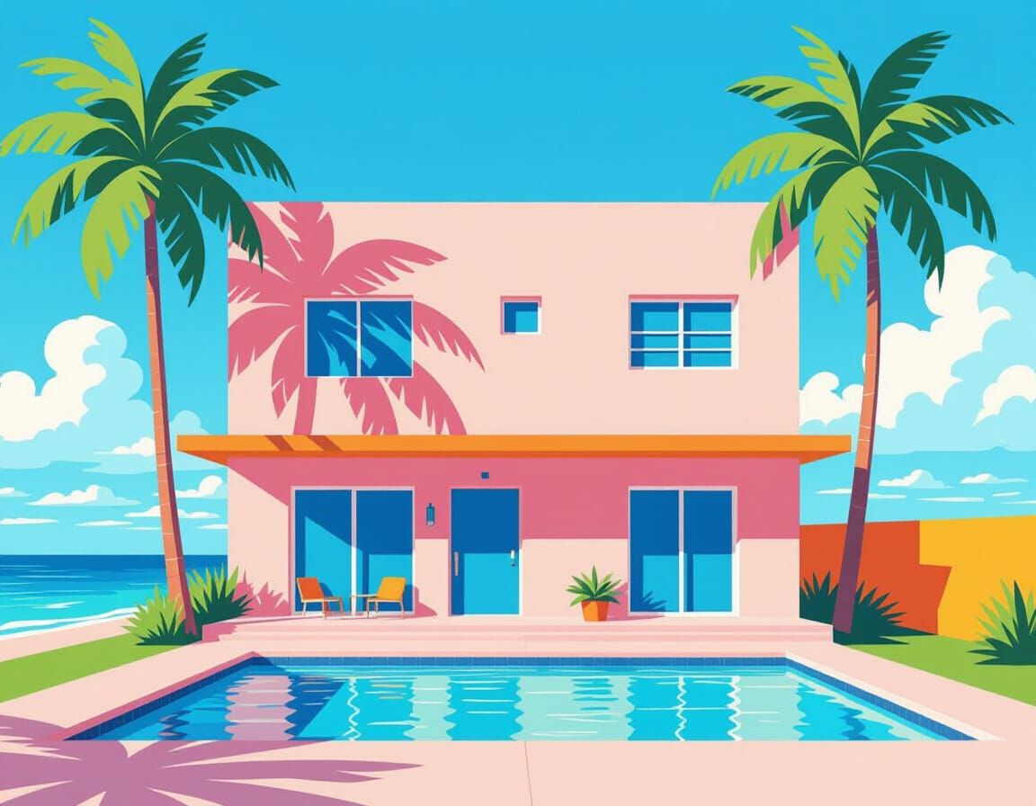 Minimalist Building by Ocean in Geometric Style